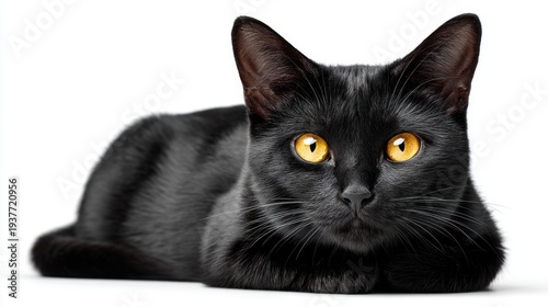 Striking black cat with piercing golden eyes rests calmly on a white background