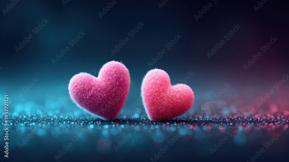Fototapeta premium Two fluffy pink hearts on a glittery surface, perfect for Valentine's Day.