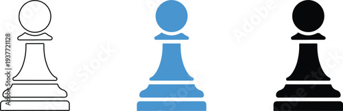 Three colored chess pawns on white background