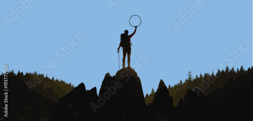 Triumphant hiker silhouette on mountain peak, clear blue sky, forest horizon, adventure achievement, outdoor exploration, inspiring nature travel photography