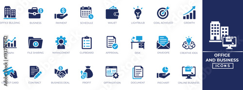 Office and Business solid icons set. Featuring Work, goal, Company, Team, Finance, and Corporate Fill Icon Elements for Modern Design Projects. Solid Vector Collection 
