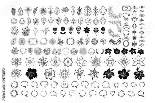 Floral Leaves Flowers Wreaths Frames Hibiscus Daisies Peonies Mandala Ornaments Speech Bubbles Comic Bursts Vector Clipart Bundle