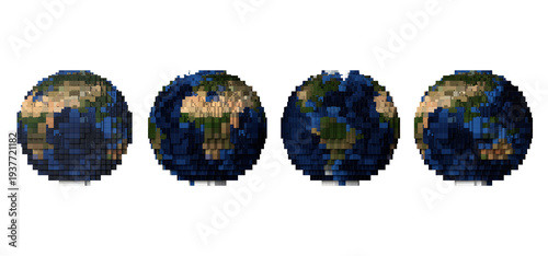3D Voxel Earth globe set, pixel art world map collection isolated on transparent background