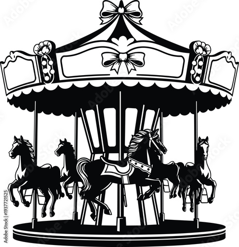 Black and white carousel illustration, ornate merry go round, nostalgic amusement ride, childhood joy, vintage fairground, whimsical entertainment, classic attraction