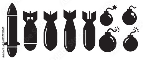 Ballistic Missile Silhouette Vector Icon – Military Ordnance, Aerial Weapon and Defense Symbol Illustration
