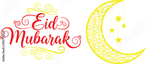 Eid Mubarak Calligraphy with Decorative Crescent Moon and Hanging Stars Illustration, Islamic Festival Greeting Design Vector for Ramadan Celebration