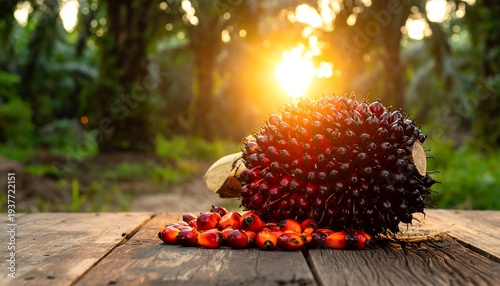 Ripe oil palm fruit cluster on a weathered wooden surface, bathed in warm sunlight with blurred trees in the background