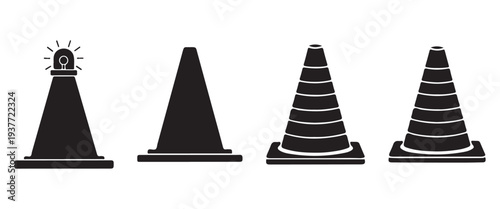 Traffic Cone Icon Set – Road Construction, Safety Warning and Hazard Sign Vector Collection