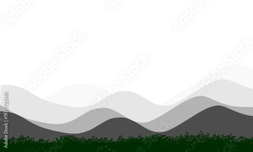 Elegant grey layered wave mountain landscape background with green grass silhouette, ideal for nature scenes, minimalist themes, environmental designs, and calm digital art projects