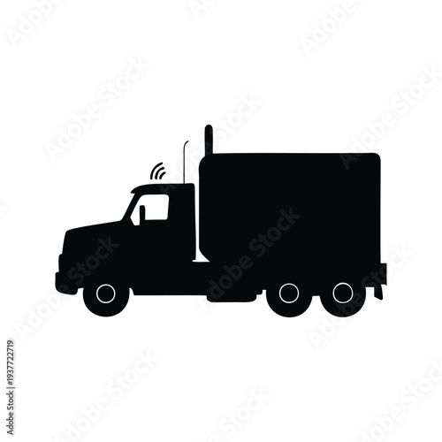 truck reversing with signal silhouette vector illustration, Black and white semi truck silhouette with antenna on cab for modern transportation vector illustration