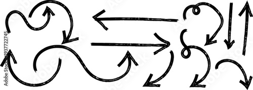 A collection of hand drawn black arrows and curved lines pointing in various directions against a plain white background high quality professional detailed