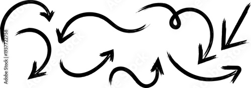 A collection of abstract black brushstroke arrows points in various directions creating a dynamic and flowing visual arrangement high quality professional detailed modern