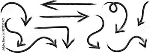 A collection of hand drawn black arrows and curved lines are displayed against a stark white background showcasing directional cues high quality professional