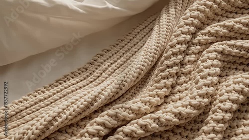 Soft beige knit throw blanket on white sheets