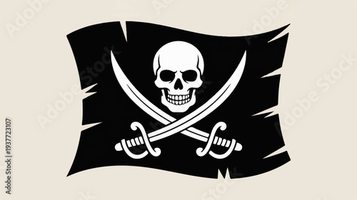 Pirate flag with skull and crossed swords on black background waving