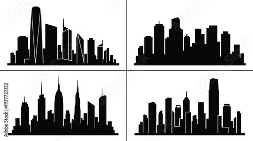 Collection of four unique black city skyline silhouettes arranged in grid, showcasing diverse architectural styles, towers, skyscrapers, and landmarks