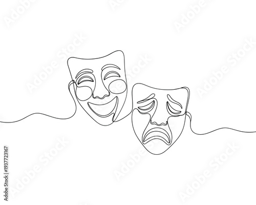 theatre mask icon vector. Theatre comedy and tragedy mask line art continuous line illustration