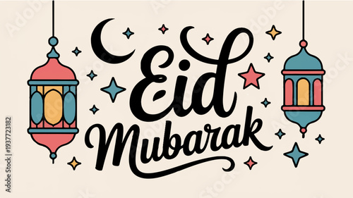 Eid mubarak greeting with colorful lanterns and stars on beige background for muslim holiday celebration