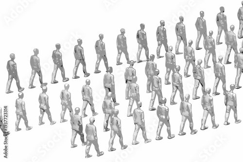 Multiple gray human figures walking in a curved formation on white