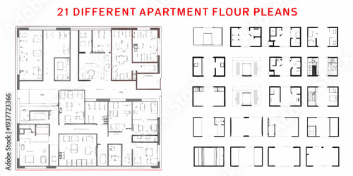 Collection of twenty one different apartment floor plans in a grid layout