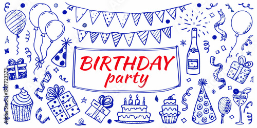 Hand drawn birthday party elements including cake balloons and celebratory decorations