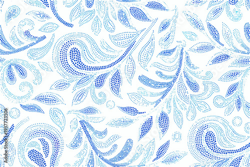 Intricate blue dotted floral pattern on a clean white background