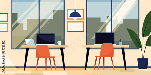 Modern office interior with two workstations and bright natural light