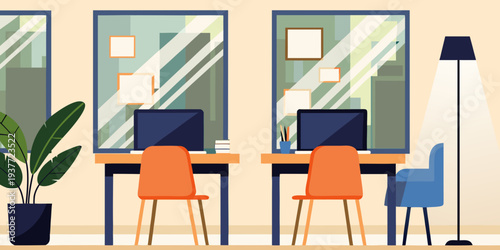 Two workstations with computers and chairs in a modern abstract office setting