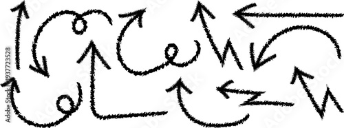 A collection of hand drawn black arrows and circular shapes creates a chaotic abstract design with varying directions and sizes high quality professional