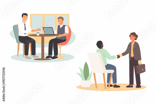 Business professionals meeting and greeting in a modern office setting
