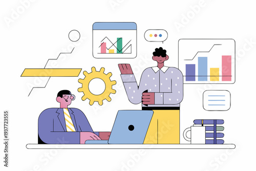 Business professionals collaborating with data analysis and technology concepts illustrated
