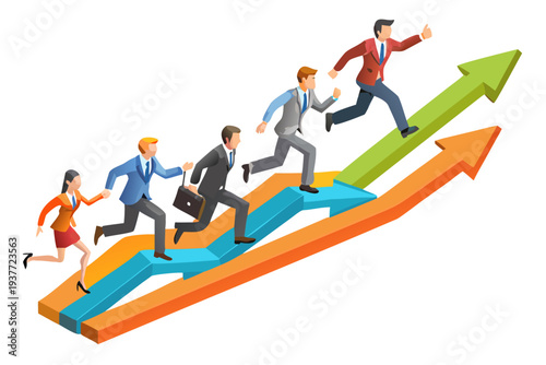 Business team running up a colorful arrow representing growth and success