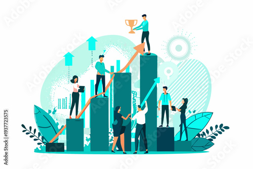 Business people climbing bar graphs towards a golden trophy symbolizing success