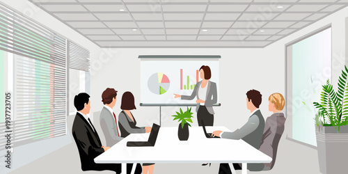 Business meeting in progress with a presenter and seated colleagues