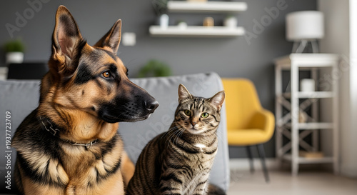 Domestic bliss: a German Shepherd dog and a tabby cat sitting together in a cozy, modern living room, surrounded by furniture and decor.