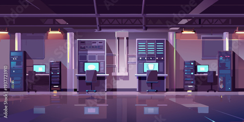 A brightly lit server room contains multiple computer workstations and equipment