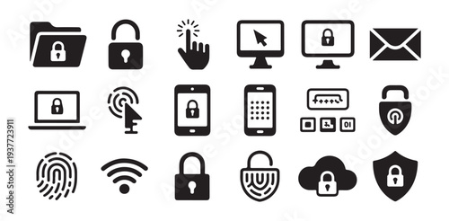 Security and privacy icons set including folder lock mouse click computer smartphone and email envelope