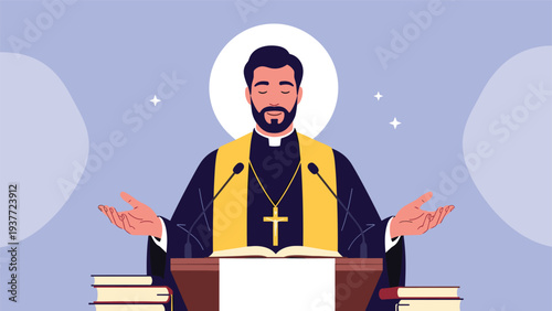 Dedicated catholic priest in formal vestments delivering a sermon from a pulpit with an open bible in a bright religious space.