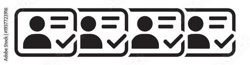 Four identity card icons with person silhouette and check mark symbol for verified access or identification