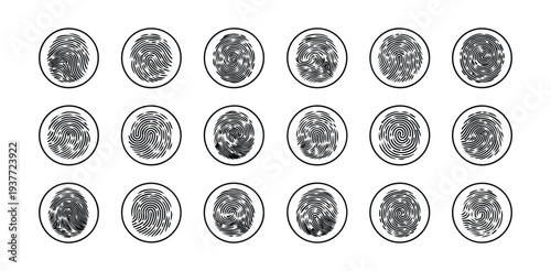 Collection of 18 unique fingerprint icons in circles for biometric identification and security purposes