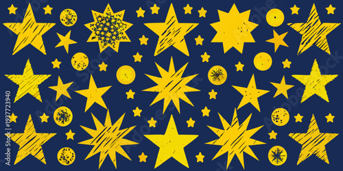 A vibrant collection of yellow stars on a deep blue background