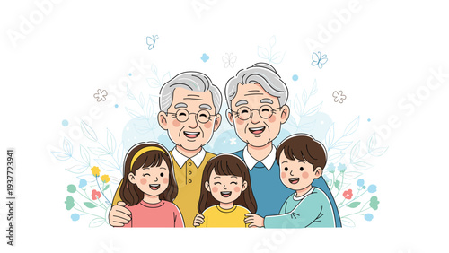 Loving senior grandparents smile warmly while posing for a beautiful family portrait with their three happy young grandchildren.