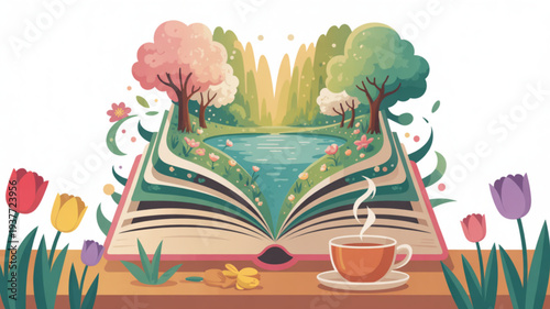 Open book with a serene landscape emerging from its pages surrounded by vibrant flowers and a steaming cup of coffee on a wooden table evoking a sense of relaxation and reading