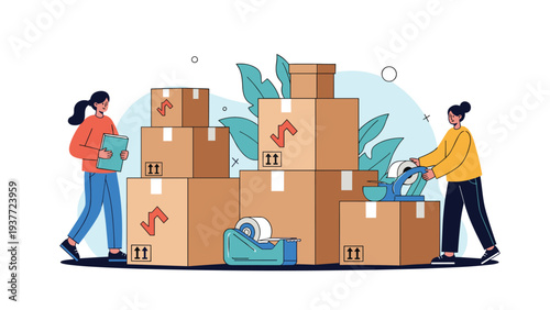 Two young women are busy packing their belongings into various cardboard boxes with tape in preparation for moving into a new home.