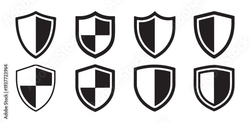 Set of black and white shield icons collection different shapes and internal divisions vector illustration
