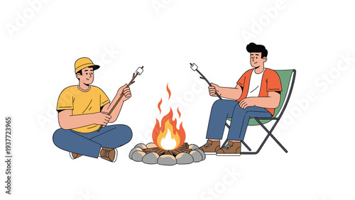 Two male friends enjoy a relaxing evening by a campfire, roasting marshmallows on sticks in a peaceful outdoor setting under the sun.