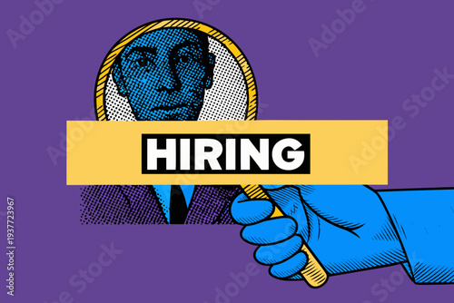 A hand holds a mirror reflecting a face with the word hiring displayed