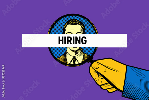 A hand points to a hiring sign obscuring a man s face in pop art