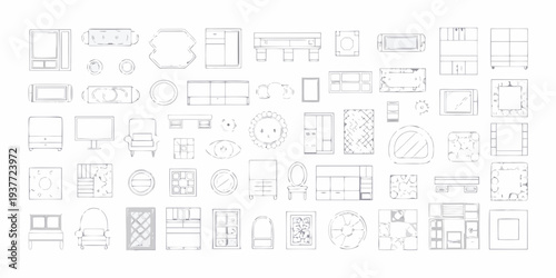 Collection of furniture and object top down line drawings in white background