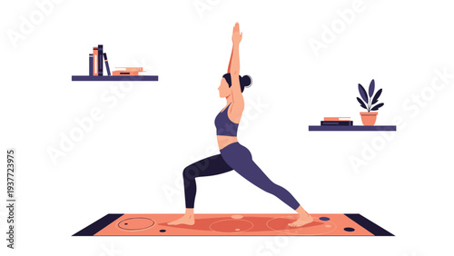Fit young woman practices a warrior yoga pose on a colorful mat in her stylish living room to improve her health and flexibility.